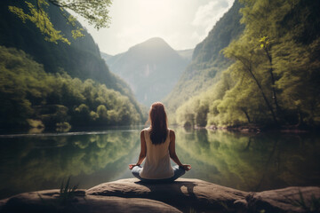 woman meditating in a serene natural setting by a calm lake