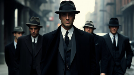 somber group of men in suits and hats exuding a 1920s gangster aura