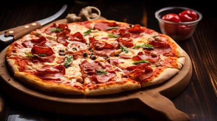 close-up of a pepperoni pizza perfect for a restaurant menu display