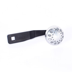 black and silver metal handle for fishing reel on a white background sideways