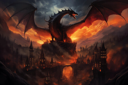 a dark fantasy scene depicting a massive black dragon over a burning city at dusk