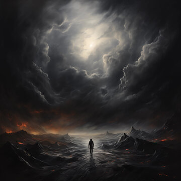 a lone figure walking through a desolate landscape under a tumultuous sky