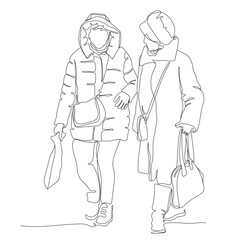 2 women in warm clothes talking on cold winter day outdoors. Single line drawing. Black and white vector illustration in line art style.