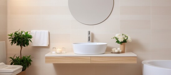 Fototapeta na wymiar Modern bathroom with trendy furniture, beige tiles, square washbasin, and round illuminated mirror.
