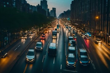 scene on a bustling city road during rush hour. The traffic lights are constantly changing, but the heavy flow of vehicles seems never-ending. - obrazy, fototapety, plakaty