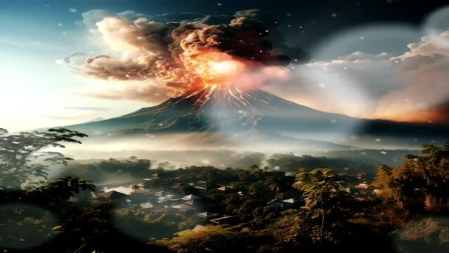 Mount Merapi emits dramatic plumes of smoke eruption and is equipped with overlay effects, exotic elements and transitions, great for business, news, disasters, billboards, web etc. Generative Ai