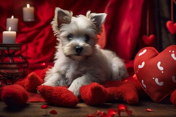 A cute puppy with a red heart-shaped pillow, surrounded by Valentine's Day decorations
