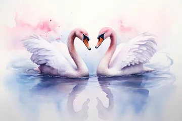  A delicate watercolor scene of swans forming a heart shape on a serene lake, with soft pink and blue hues © EOL STUDIOS