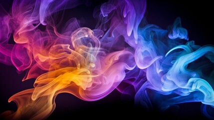 Abstract neon multicolored background of smoke particles colliding with each other in slow motion. Dynamic explosion of colors. Relaxation in the Hookah. Presentation. Horizontal banner - obrazy, fototapety, plakaty