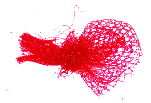 Torn red mesh transparent bag for fruit isolated on white, top view