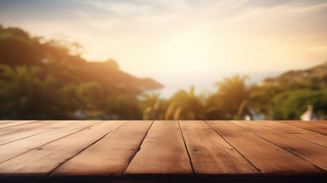 Wooden floor with paradise views blurred background, copy space for product promotion