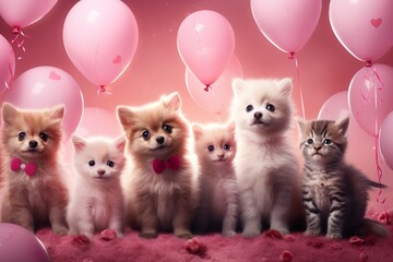 Fototapeta na wymiar A group of fluffy animals, including puppies and kittens, with Valentine's Day heart balloons and pink bows