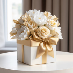 luxury flower arrangement in gold and white tones with an elegant bow