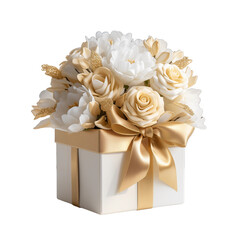 luxury flower arrangement in gold and white tones with an elegant bow on isolated background