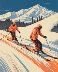 Skiers on the mountainside, an illustration in the style of linocut.