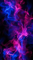 Abstract background of fiery flames of purple and blue swirling in dance. Smoke particles....