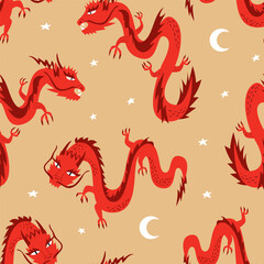 Seamless pattern with asian dragons. Chinese lunar new year. Vector flat background