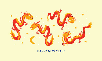 New year of the dragon 2024 banner. Chinese lunar new year. Asian dragons flat vector illustration