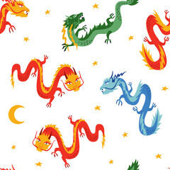 Seamless pattern with various asian dragons. Chinese lunar new year. Vector flat background