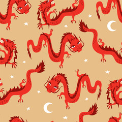Seamless pattern with asian dragons. Chinese lunar new year. Vector flat background
