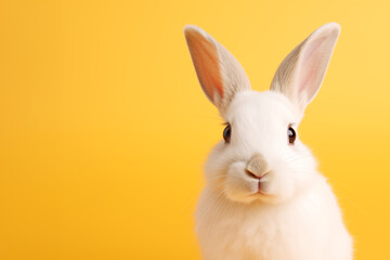 Close up view on a white rabbit on a light yellow background. Easter concept