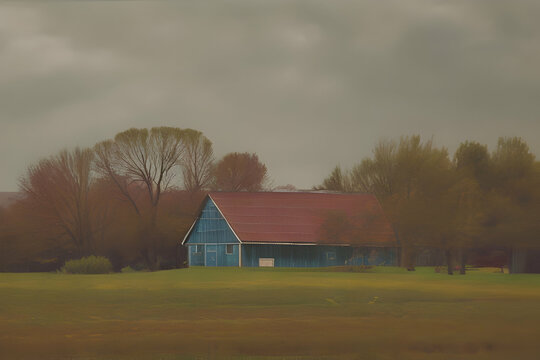 Red barn in autumn, Minimalistic Vintage Look Style Photography, Landscape, Farm Scenery