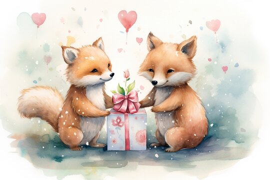 A whimsical watercolor design of cute animals exchanging Valentine's gifts in a magical forest setting
