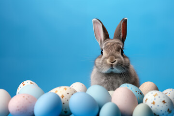 Fototapeta na wymiar Little cute grey rabbit and colorful Easter eggs on the blue background