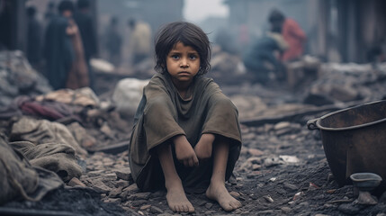 young girl sitting in slums, young child in poverty, poor child, poor girl in slums