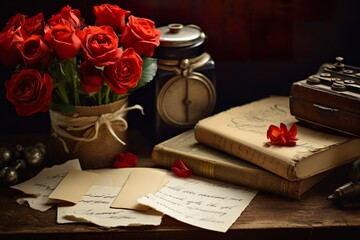 Naklejka na ściany i meble Handwritten love letters and vintage Valentine's cards spread out on a rustic wooden background