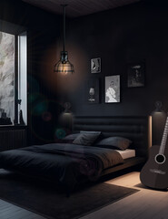 Dark minimalist style bedroom. dark bedroom. bedroom night. luxury interior.