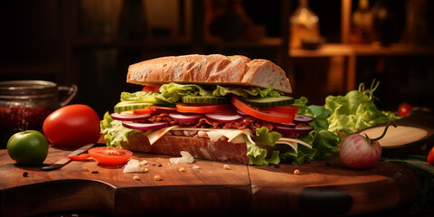 A sandwich of dark bread with salad, bacon, tomatoes, cheese and onions. Fast food.  - obrazy, fototapety, plakaty