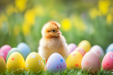 Little cute chick and colorful Easter eggs in perfect green lawn grass