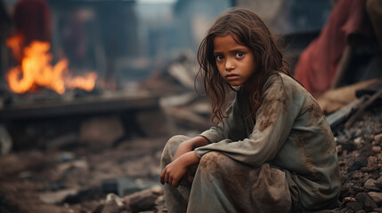 young girl sitting in slums - obrazy, fototapety, plakaty
