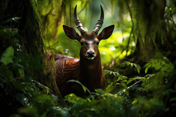 Elusive Saola, also known as the Asian unicorn, gracefully navigating a lush, untouched forest - obrazy, fototapety, plakaty