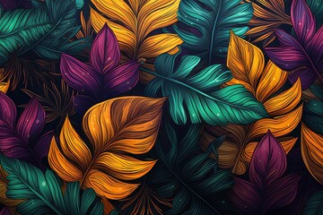 Botanical Elegance Illustrative Desktop Wallpaper of Tropical Leaves
