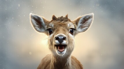 photorealistic fuzzy cute reindeer character study with a glowing red nose like rudolph on a white background