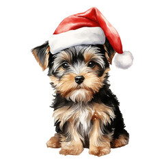 Yorkshire Terrier with a santa hat on its head