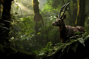 Elusive Saola, also known as the Asian unicorn, gracefully navigating a lush, untouched forest - obrazy, fototapety, plakaty
