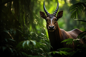 Elusive Saola, also known as the Asian unicorn, gracefully navigating a lush, untouched forest
