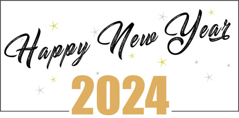 Card design with handwritten inscription 2024 plus golden stars and the inscription happy new year. EPS vector illustration 