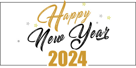 Card design with handwritten inscription 2024 plus golden stars and the inscription happy new year. EPS vector illustration 