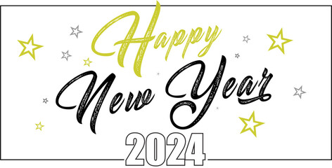 Card design with handwritten inscription 2024 plus golden stars and the inscription happy new year. EPS vector illustration 