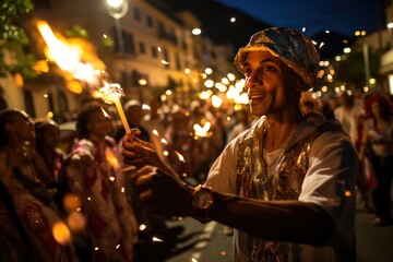 people at carnival festival having fun. Colorful parade 'noche de finaos' on Canary Islands