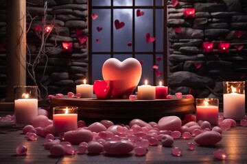 Valentine's Day spa concept with a heart-shaped hot stone massage setup, surrounded by aromatic candles