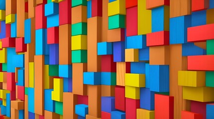 Background with several different colored wooden blocks. Abstract geometric web banner in mosaic colors. Wood texture art architectural abstract block stack wall.