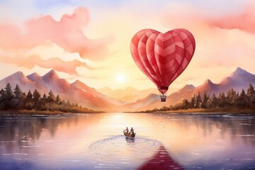 Fototapeta premium Watercolor scene of a couple's romantic hot air balloon ride over a heart-shaped lake at sunset