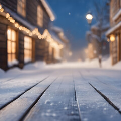 Beautiful winter snowy blurred defocused and empty wooden flooring, Flakes of snow fall and sparkle on light, copy space