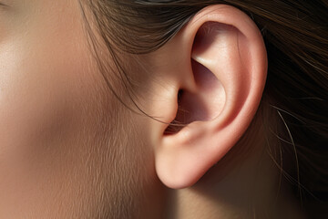 Close-up of female ear and the ear's details. Hearing problems and diseases. - obrazy, fototapety, plakaty