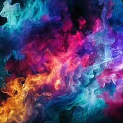 Abstract neon multicolored background of smoke particles colliding with each other in slow motion....
